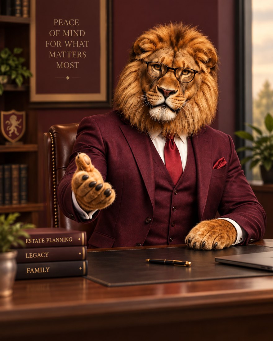 Leon the lion, Rio Grande Estate Planning, reaching out to shake hands from his office desk